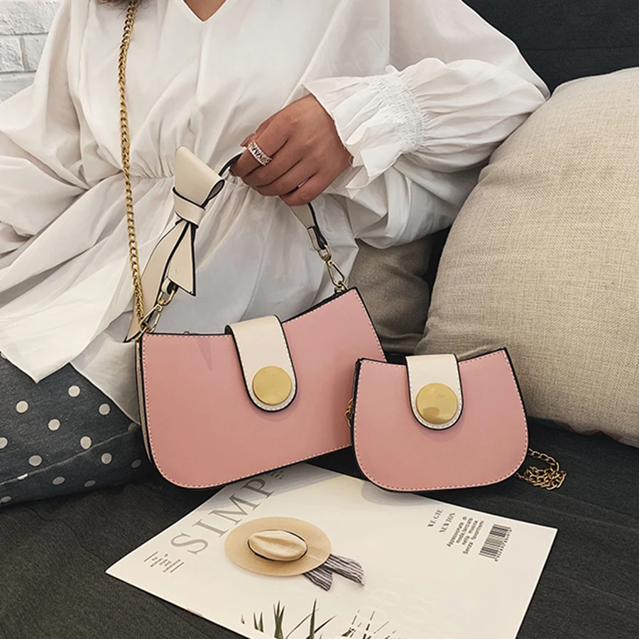

Cute Bow Panelled Handbags Women's PU Chains Shoulder Bags Woman Brands Leather Hand Bags Ladies Small Flap Messenegr Bag Female