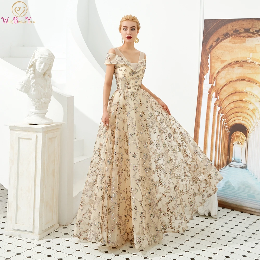 

Champagne Evening Dresses Sequined 2020 V Neck A Line Bling Off Shoulder Strap Long Floor Length Lace Up Prom Gown Party Formal