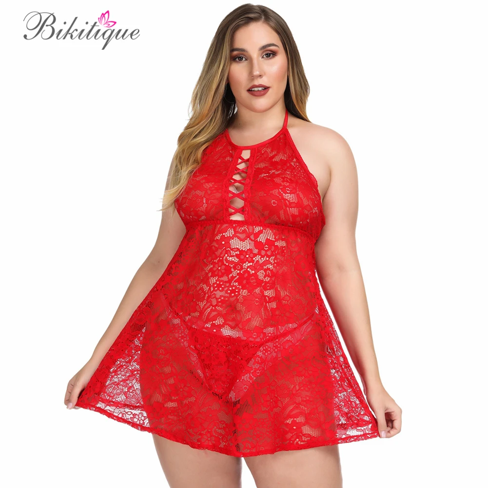

Bikitique Plus Size Ultra-thin Temptation Sexy Lingerie Women Sheer Mesh Lace Short Babydolls Dress Erotic Underwear Sleepshirts