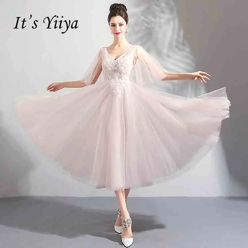 

It's YiiYa Backless Flower Tea-Length Prom Gown Beading Elegant V-neck Ball Gown Lace Up Luxury Prom Dancing Party Dresses LX789