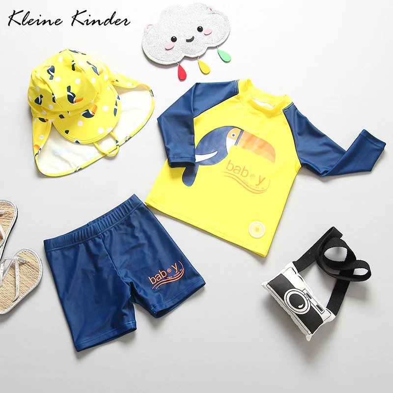 

Separate Children's Swimsuit with Sun Hat for Toddler Baby Boys Parrot Print Yellow Full Sleeves Kids Two Piece Bathing Suit