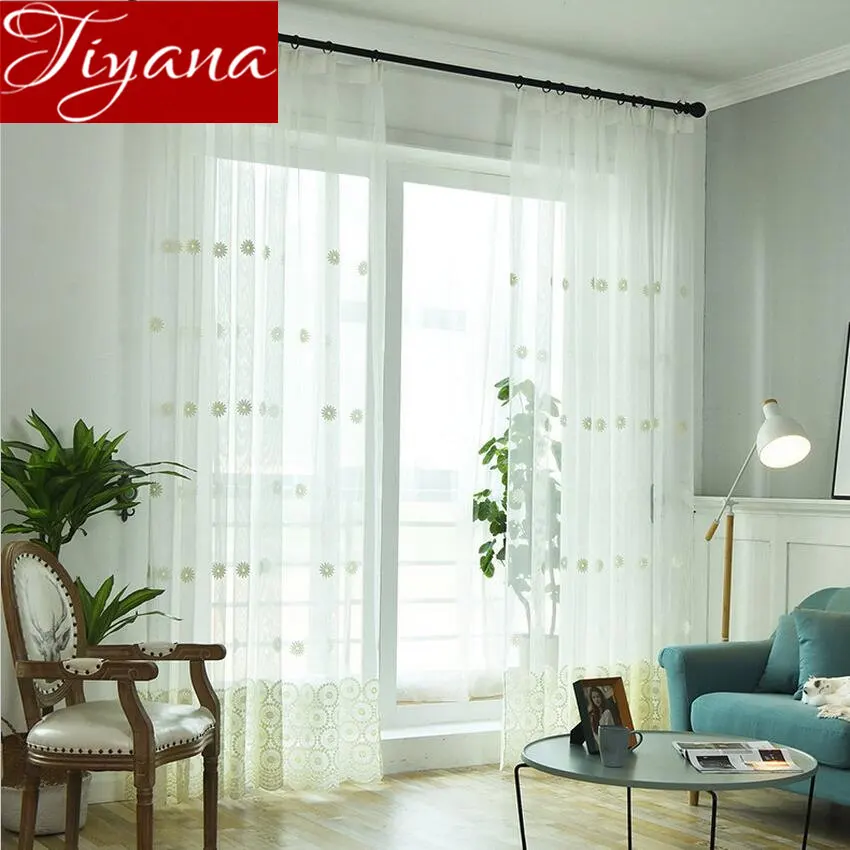 

White Sheer Panel Sun flower Pattern Curtain for Living Room Sheer Fabric Tulle Drape Kitchen Treatment Customize M&074#40
