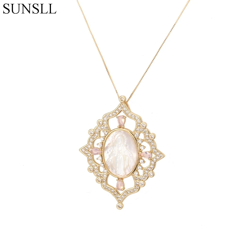

SUNSLL Gold Color Copper White Color Cubic Zirconia And Shell Oval Pendant Necklaces Women's Fashion Jewelry CZ Colar Feminina