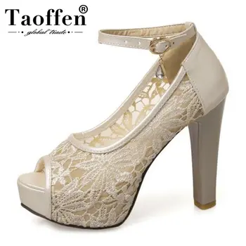 

TAOFFEN Size 32-43 Ladies High Heels Shoes Women Lace Patchwork Pumps Women Ankle Strap Buckle Platform Lady Office Footwear