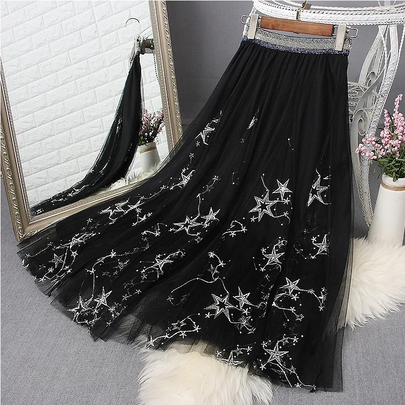 

1081 women skirts girl skirt long spring new heavy industry mesh skirt starry sequined gauze embroidered