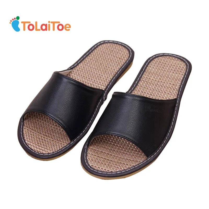 

ToLaiToe Men's Handmade Summer Home Cool Linen Slipper Couples Tendon Bottom Breathable Leather Sweat Indoor Anti-skid Slippers