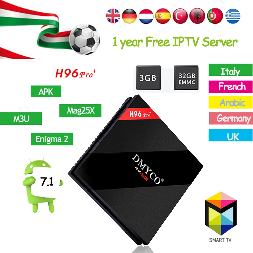 

H96 PRO Plus Android 7.1 TV Box Amlogic S912 + 1 Year Best HD 1250+ Channels for French Germany Spain Israel Italy Arabic Poland