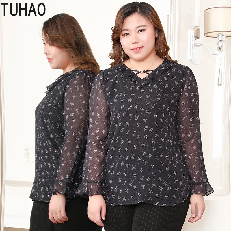 

TUHAO Broken flower large size 10XL 9XL 8XL 6XL women's blouses shirts 2019 spring loose cover belly blouse shirt office tops