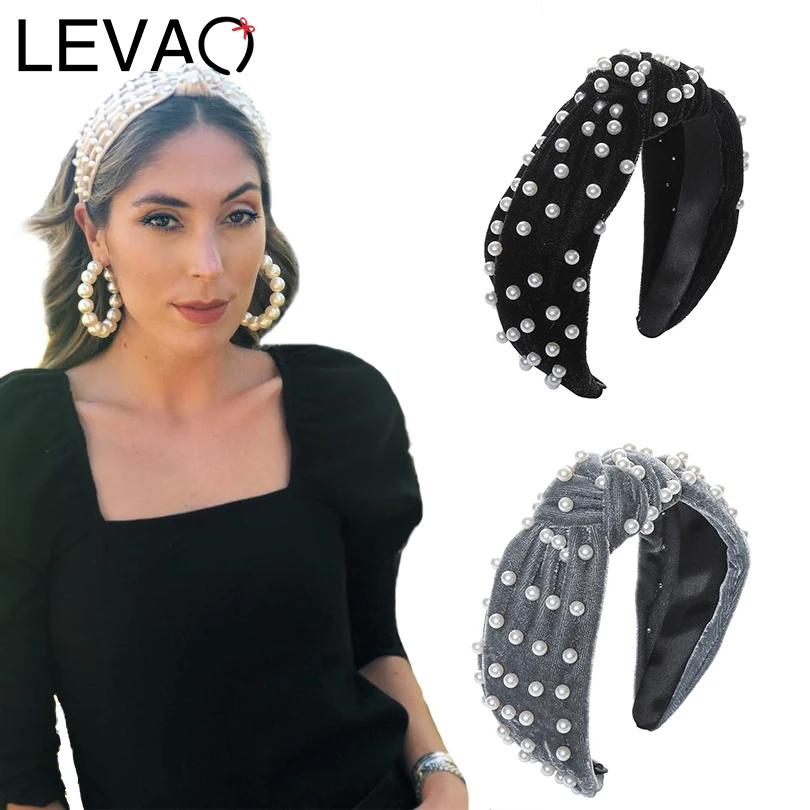 

LEVAO Wide Gold Velvet Pearl Hairbands Bezel Turban Solid Knotted Hair Ornaments Women Headbands Girls Hair Accessories Headwear