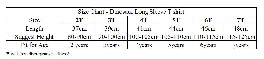 Size Chart Dino