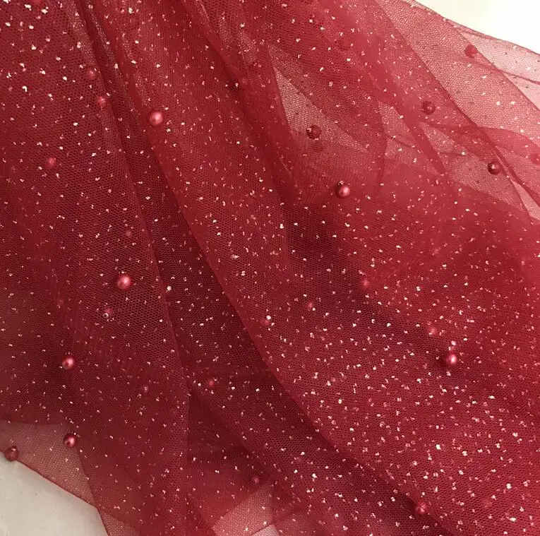 wine red Сплошной цвет длина 118 дюйма Ширина 59 дюймов органза блестящий бисером жемчуг вуаль платье ткань маскарадный костюм украшения ткань - Цвет: wine red