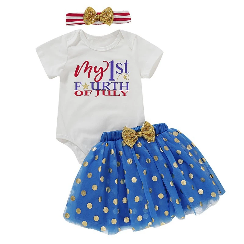 

Summer Baby Newborn Girl Short Sleeve Letter Pattern Romper Dot Short Skirts Headband Costume