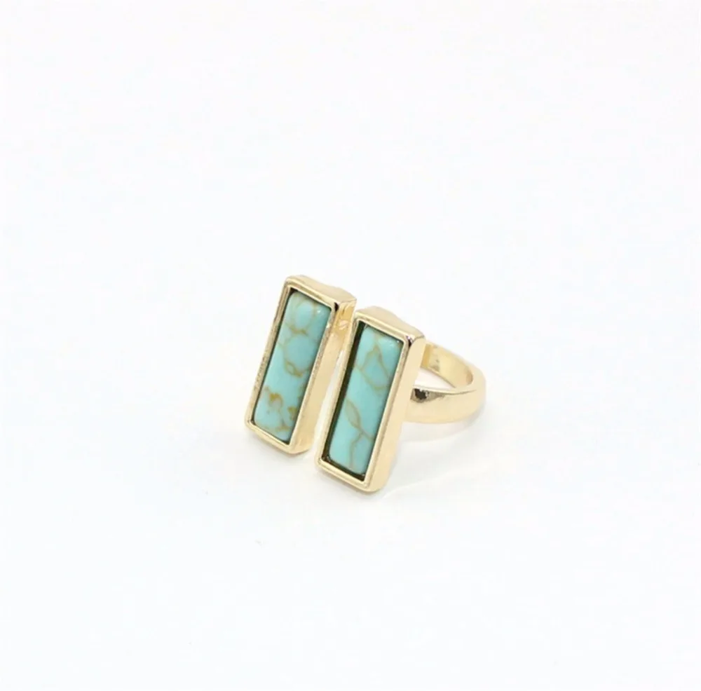 

Druzy Trendy Fashion Natural Green Turquoises Ring Rectangle Double Stones Open Circle Natural Stones Rings for Women Jewelry