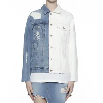 

Contrast color hole denim coats female fashion long sleeve loose patchwork cowboy jackets 2019 autumn new outerwear gx1449