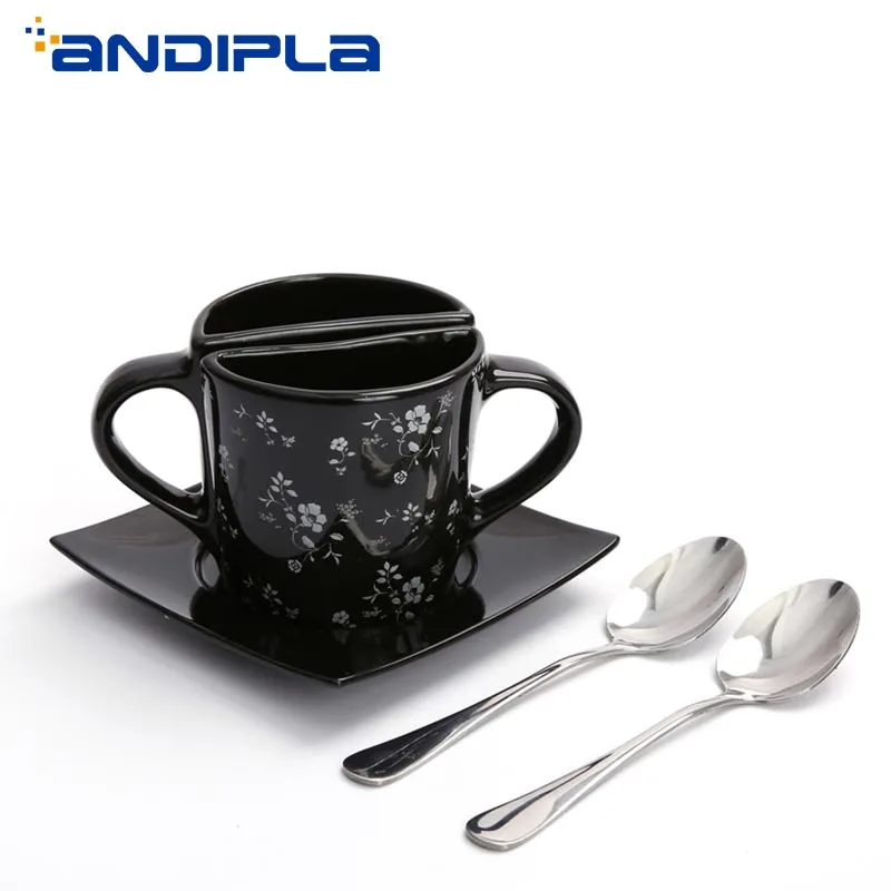 180ml/Cup Couples Coffee Cup and Saucer Set Ceramic Creative Flower Pattern 1 Pair Lovers Milk Cups with Spoon Black | Дом и сад