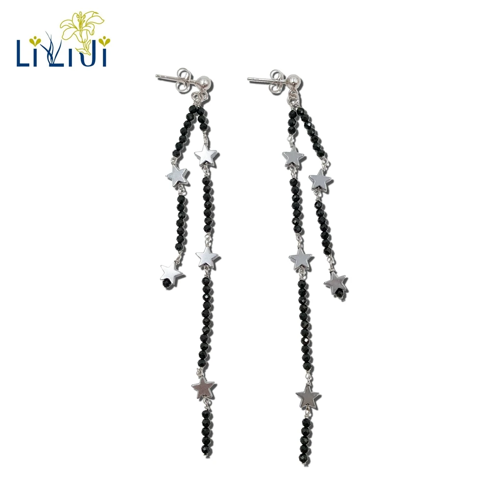 Lii Ji Unique Natural Black Spinels,Hematite Stars 925 Sterling SilverShining Long Unique Earrings