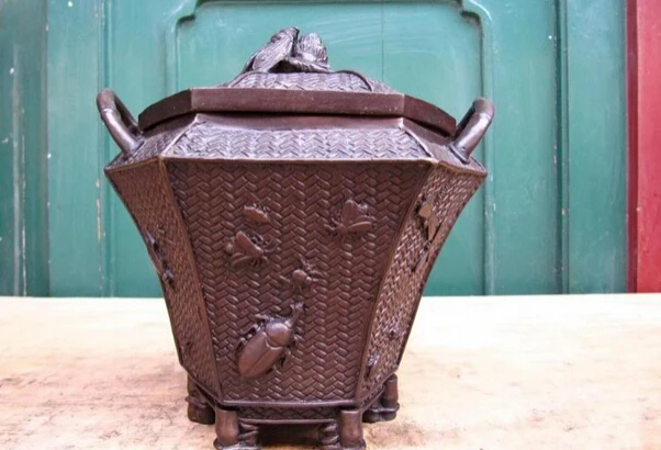 

S1239 Chinese regius refined Pure Bronze Six arris hexapod Censer incense burner D0318