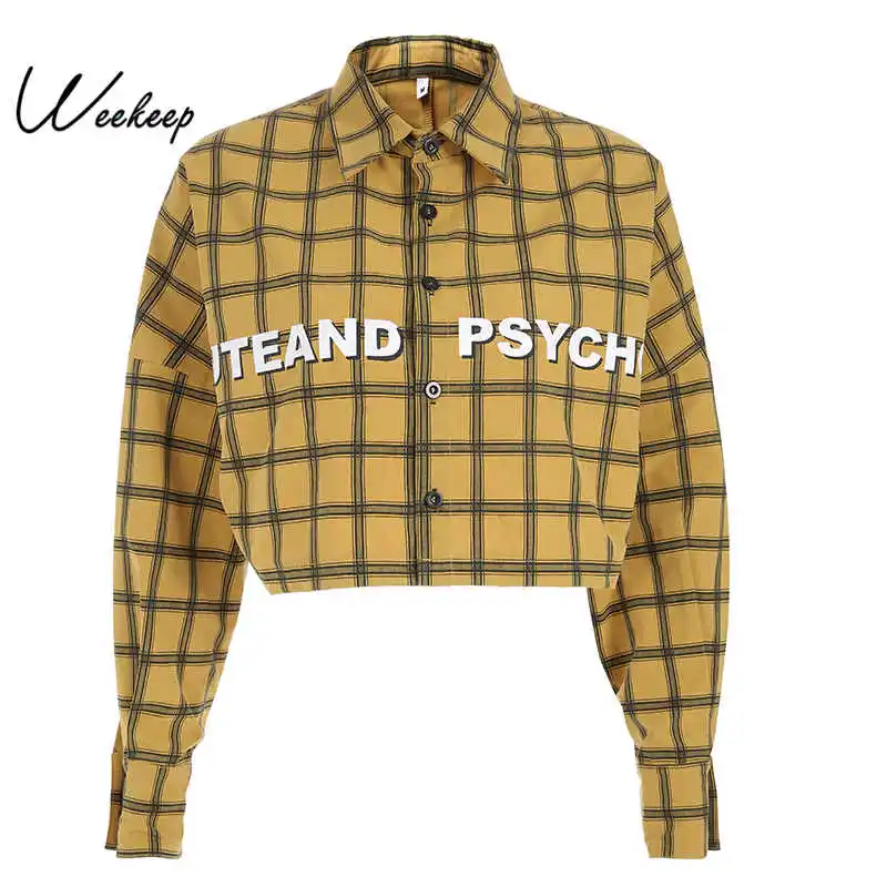 

Weekeep Women Plaid Letter Print Shirt Spring Autumn Turn-down Collar Cropped Shirts Streetwear Long Sleeve Blouses Female Tops