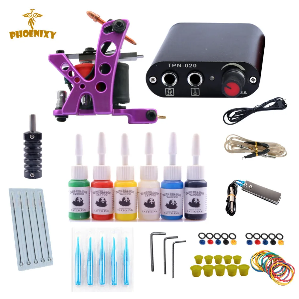 

Beginner Tattoo Kit Machines 1 Coils Guns Set 6 Colors Pigment Power Supply Sets Tattoo Accessories Permanent Make Up Kit