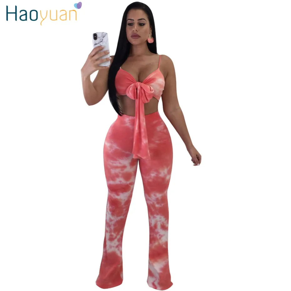 

HAOYUAN Sexy 2 Piece Sets Women Bandage Crop Tops+Flare Pants Sweat Suits Summer Outfits Two Piece Matching Casual Tracksuit