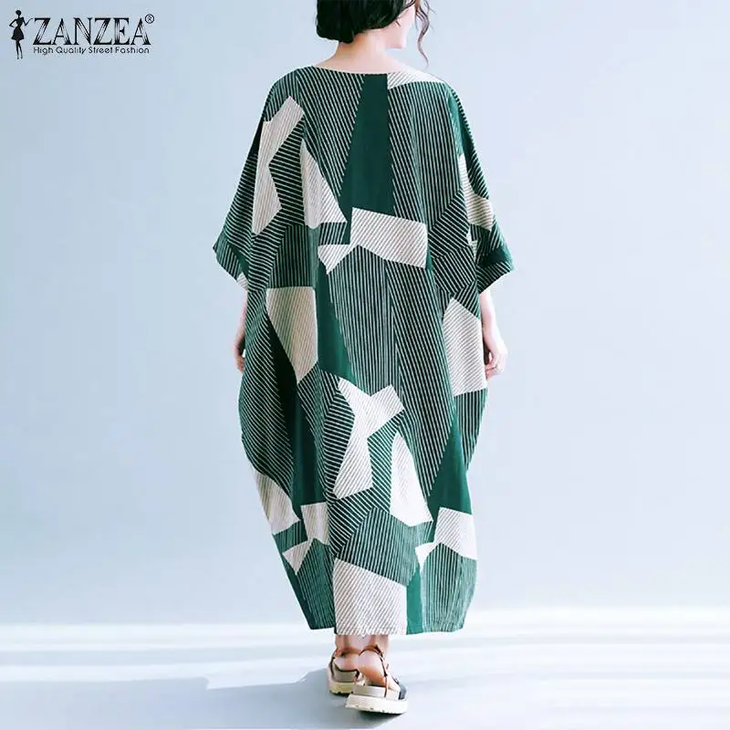ZANZEA Длинное Макси Платье женское с геометрическим принтом богемное Vestidos летнее сарафан карманы пляжные вечерние повседневные платье-мешок Femme