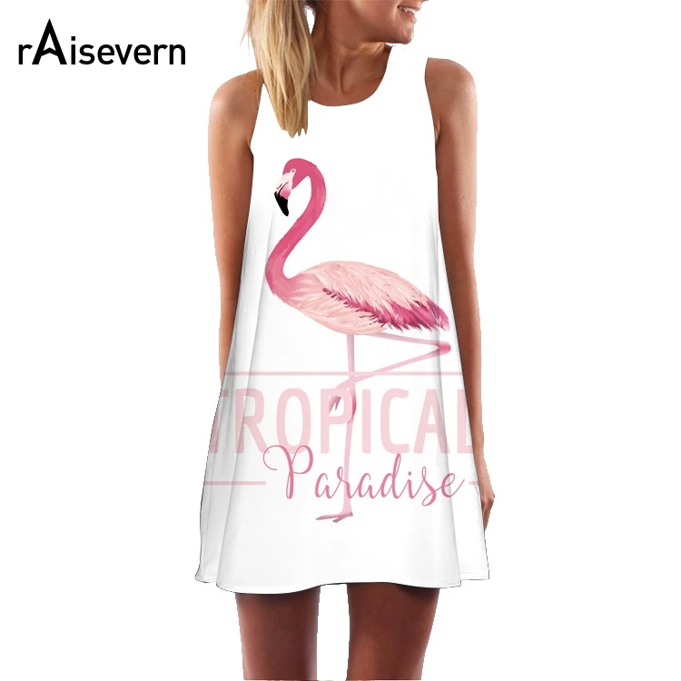 

Raisevern Fashion Sleeveless Dress Women Flamingo Tropical Paradise Printed Casual Mini Straight Dress Size S-XXL Dropship