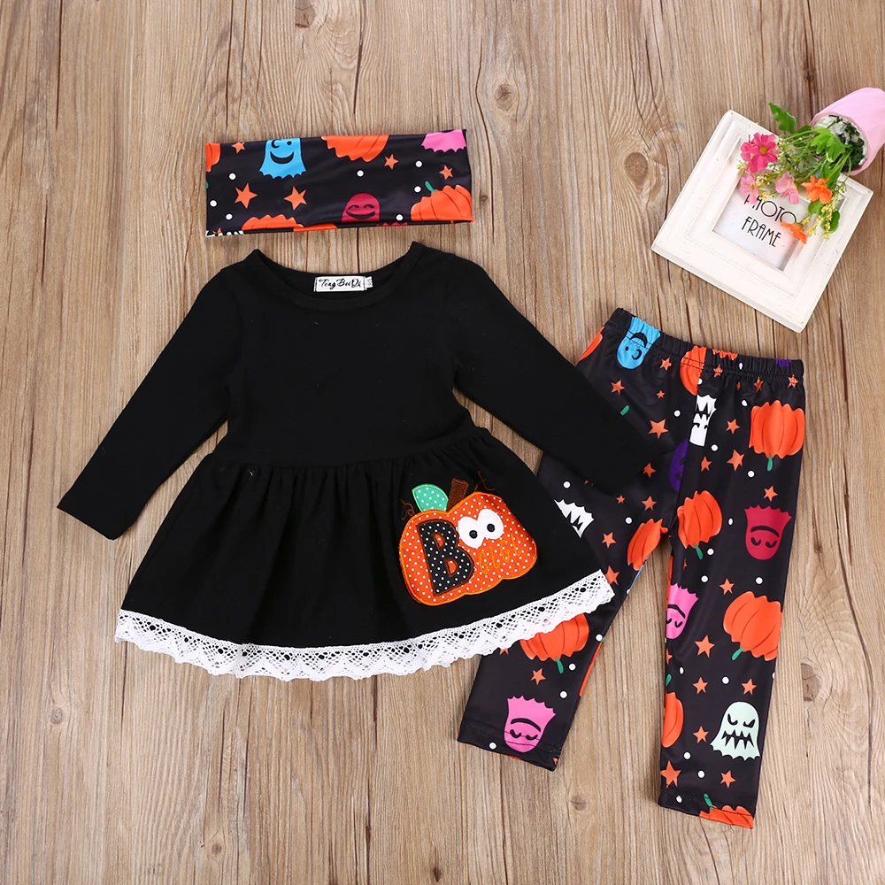 

3Pcs Toddler Kids Baby Girl Clothes Sets Dress Tops Long Sleeve Pants Headband Halloween Outfit Girls Clothing Set