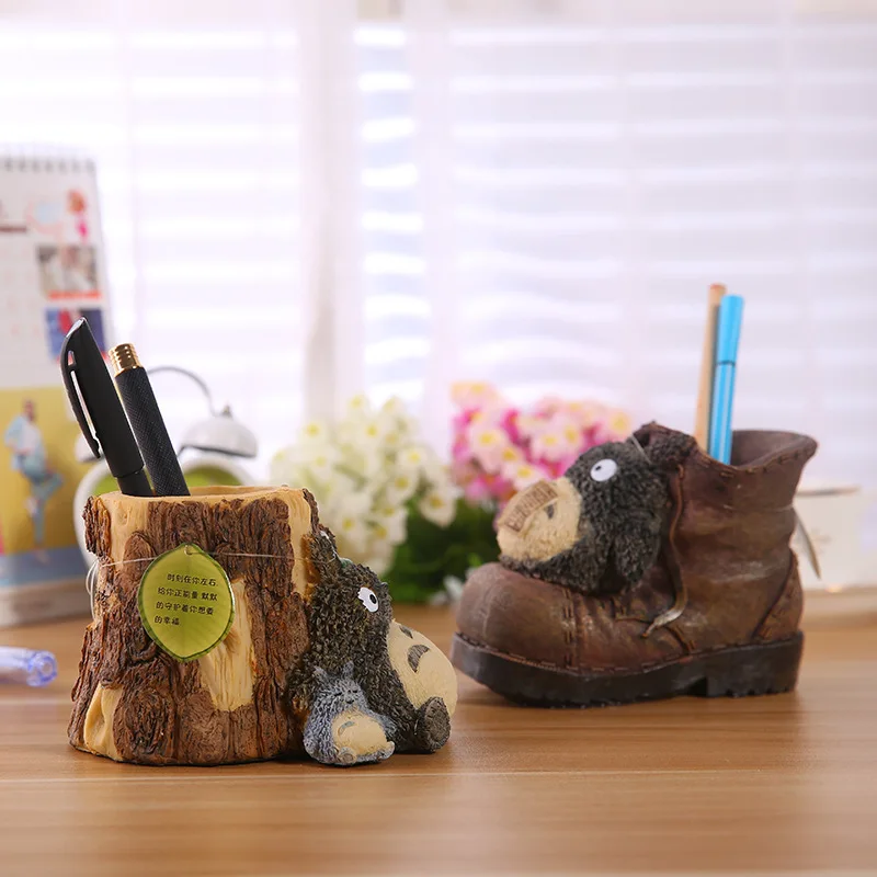

Cute Art Cartoon Animal Totoro Round Resin Hollow pencil Holder stationery Pen Holder Flowerpot Office accessories