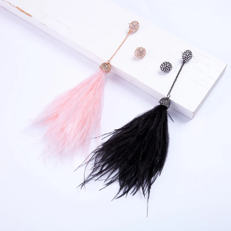 

Trendy Korean Fashion Fairy Floating Charming Pink & Black Feather Fringe Long Earrings Cute Luscious Brincos Accessories