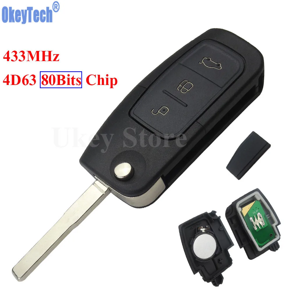 OkeyTech 3 Button 433MHz 4D63 80BITS Chip Keyless Entry Fob Car Remote Key for Ford Mondeo Focus Fiesta C Max S Max Galaxy HU101