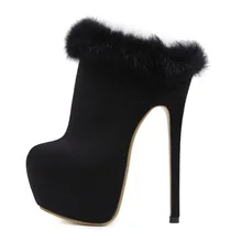 Женская обувь Черные ботильоны на платформе и высоком тонком каблуке украшенные мехом туфли-лодочки без шнуровки с круглым носком женские модельные туфли для вечеринок