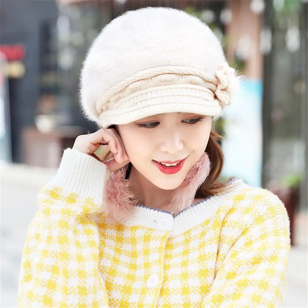 Женская зимняя вязаная шапка из кроличьей шерсти в Корейском стиле, теплый берет с флисовой подкладкой, модные вязаные шапки, новинка