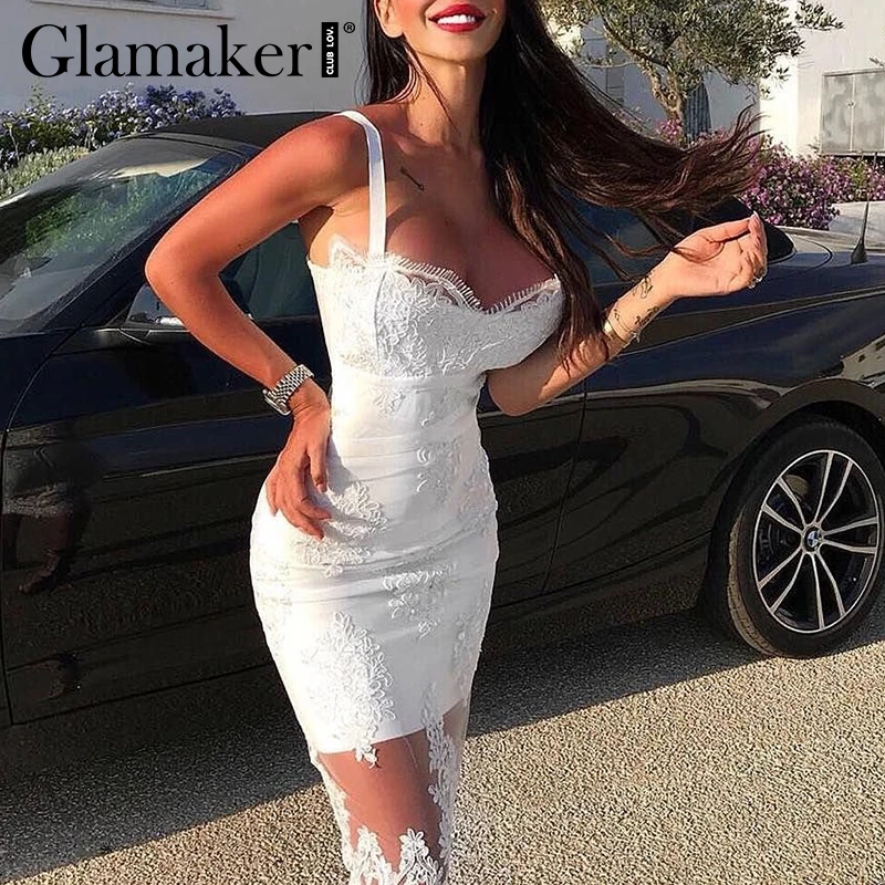 

Glamaker Emboridery transparent mesh sexy sundress Women white high waist bodycon dress elegant Female string party dress summer