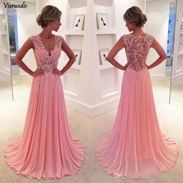 

2019 New Sexy Pink V-neck Prom Dresses A-Line Chiffon Lace Sweep Train Charming Girls Formal Party Evening Dresses Gowns