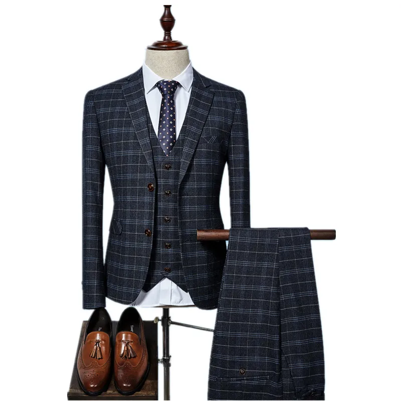 (Jacket+Vest+Pants) 2017 grid Men Suits Fashion wool Men's Slim Fit business wedding Suit men Wedding suit 3 colors