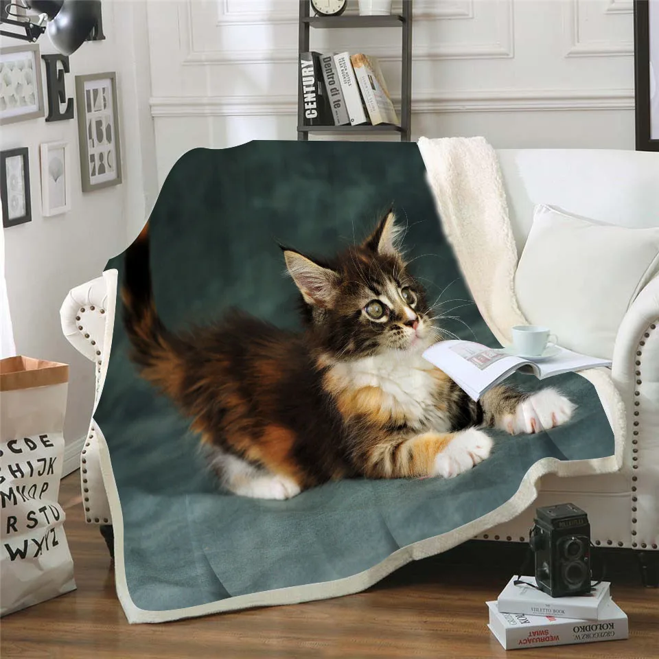 3D принт кошка шерпа двойной слой одеяло толстое мягкое пледы одеяло на диван кровать самолет путешествия пледы домашний текстиль для взрослых Cobe