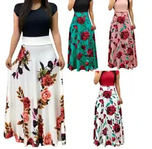 Summer Dress Short Sleeve High Waist Long Dresses Robe Femme Floral Print Colorblock Maxi Dress Summer Dress Short Sleeve High Waist Long Dresses Robe Femme Floral Print Colorblock Maxi Dress