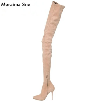 

Moraima Snc pleated vintage velvet Spring Fall fashion women Boots pointed toe over-Knee-high Gladiator boot stilettos heel