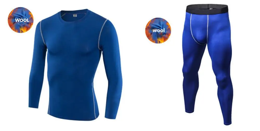 Мужские спортивные костюмы, облегающие Трикотажные изделия, шерстяная ткань, теплое с длинными рукавами, баскетбольная Футбольная Футболка для бега, штаны для фитнеса - Цвет: Синий