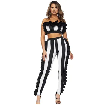 

Women's Sexy 2 Piece Sets Striped Wave Strapless Short Top and Long Pants Clubwear Active Tracksuit
