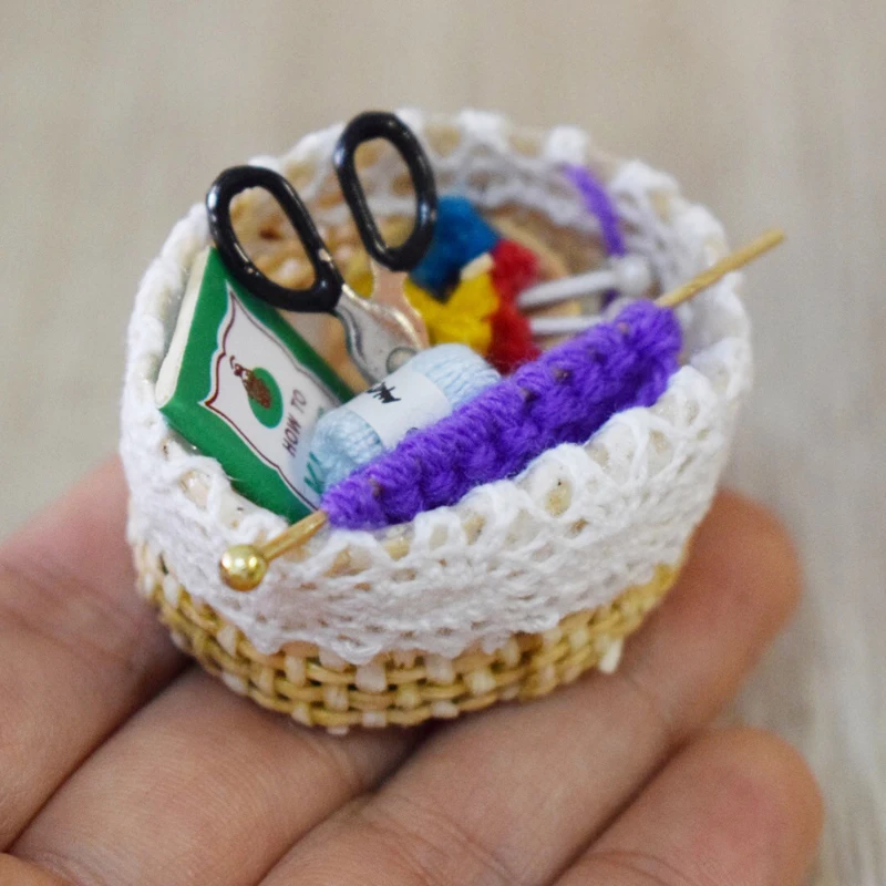 112 Scale Dollhouse Miniature Wool Knit Tool Basket Doll House Pretend