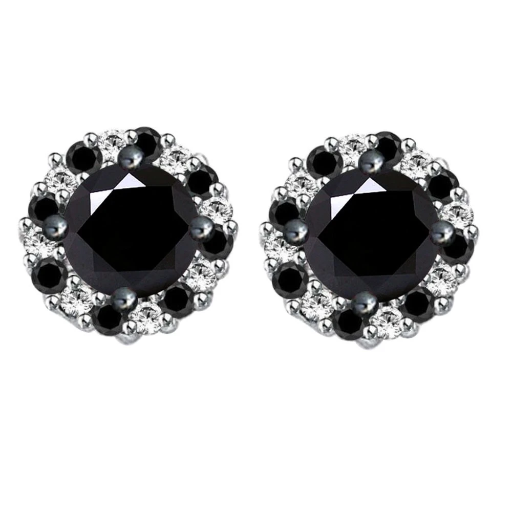 10k White Gold 1.75 ct Black Moissanite Halo Stud Earrings /W Push Back