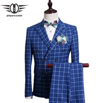 

Plyesxale Double Breasted Suit Men 2017 Slim Fit Wedding Suits For Men Royal Blue Tuxedo Jacket Famous Brand Plaid Suits Q338