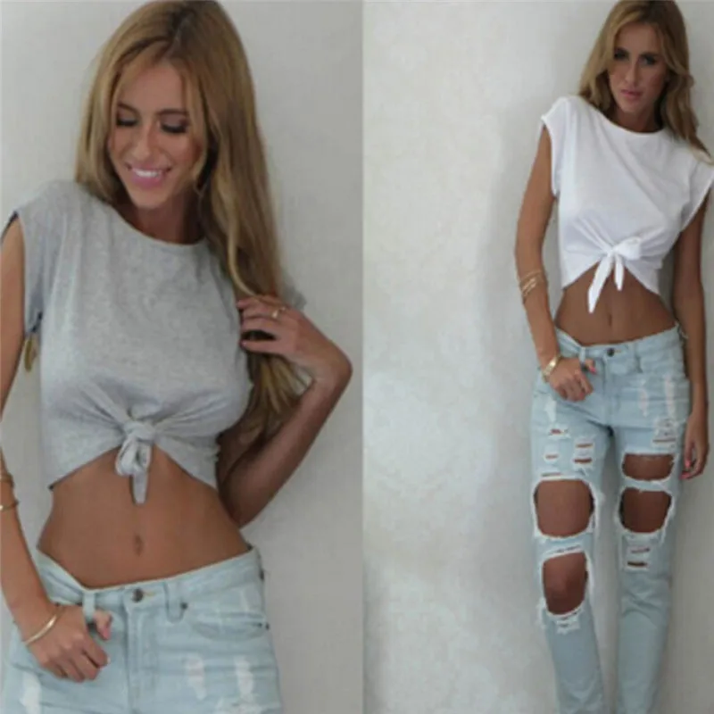 Как красиво завязать рубашку узлом на талии Summer Cropped T Shirt Casual Blouse Tanks camis Women Knotted Tie Front Crop To
