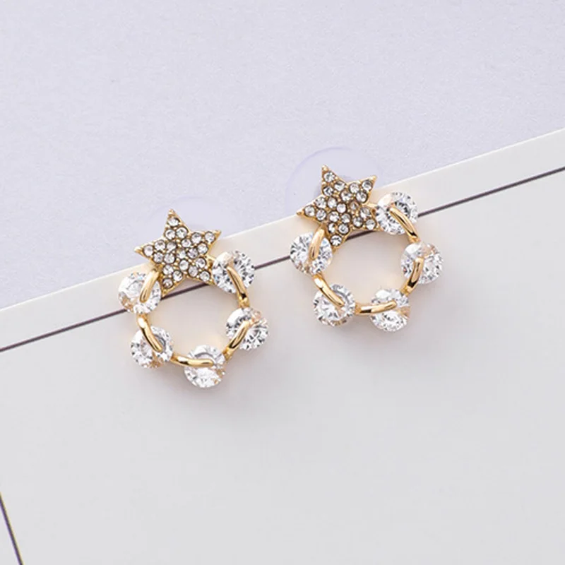 

2018 Korean Luxury Sweet Shiny Cubic Zircon Star Circle 925 Sterling Silver Stud Earrings for Women Girls Party Charm Jewelry