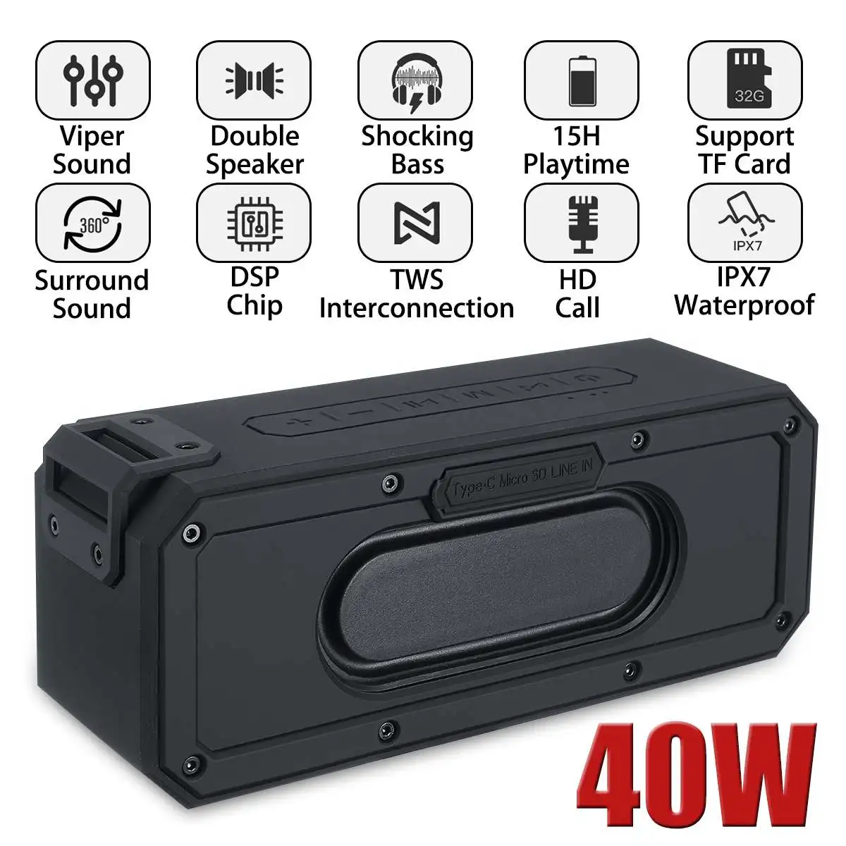 

40W bluetooth 5.0 Speaker Column Portable Speaker IPX7 Waterproof Subwoofer with 360 Stereo Sound Outdoor Speakers Boombox