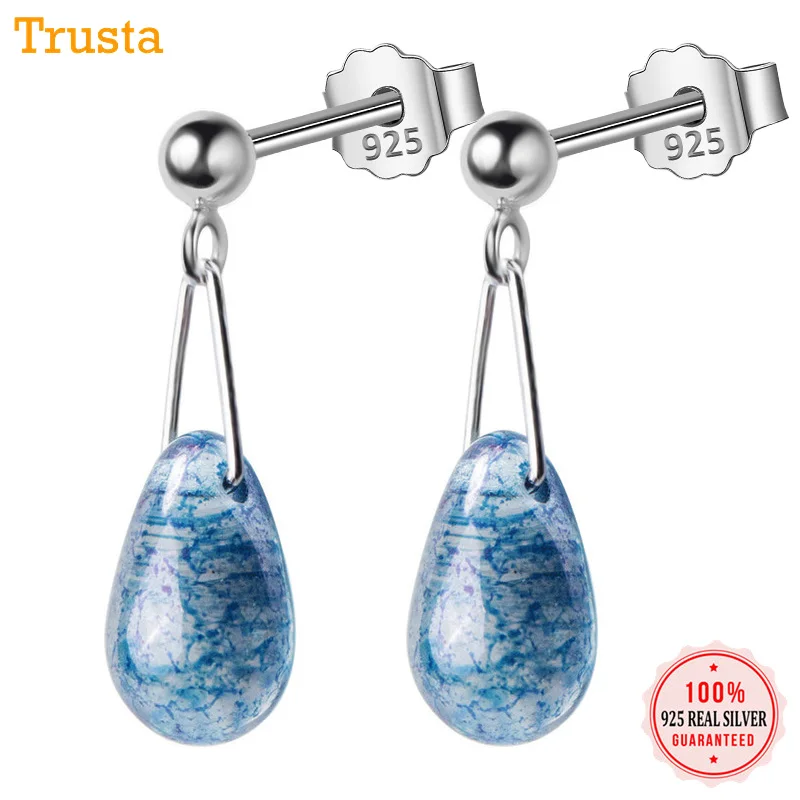 

Trusta 100% 925 Solid Real Sterling Silver Jewelry 7mmX19mm Blue Waterdrop Stud Earrings For Teen Xmas Girls Women Gift DS1017
