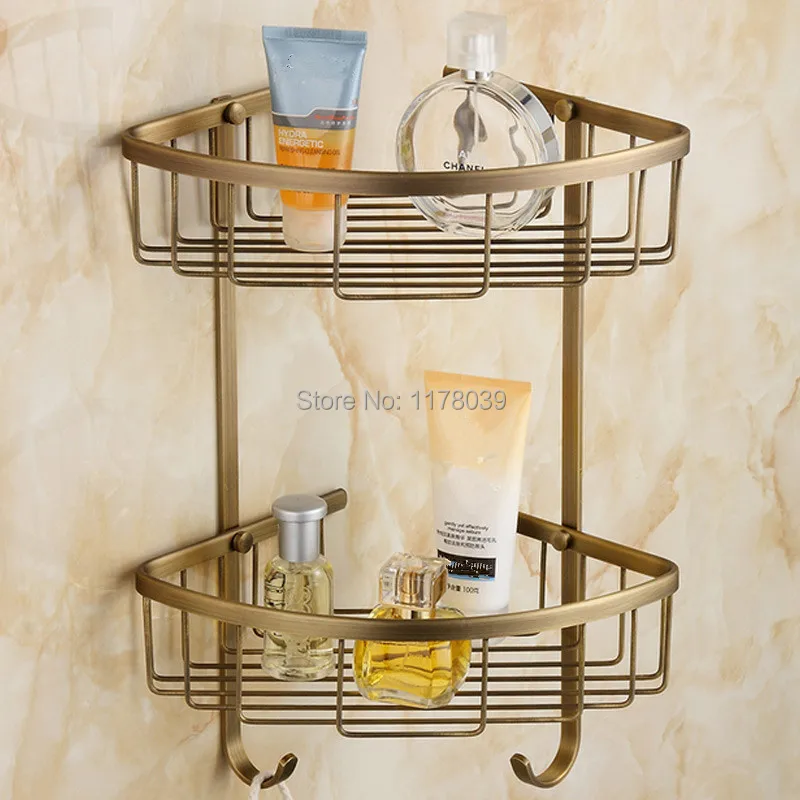 Europe style Antique dual tier corner shelf,Bathroom shelf with hooks