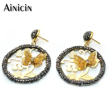 

New Arrival Gold Plating Butterfly Rhinestone Crystal Paved Big Circle Dangle Earrings Special Birthday Gift For Mother Women
