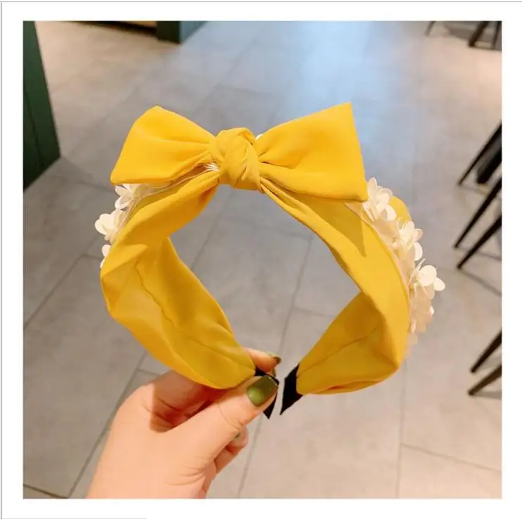 women Camellia flower chiffon bow hairbands headbands hair accessories - Цвет: Черный